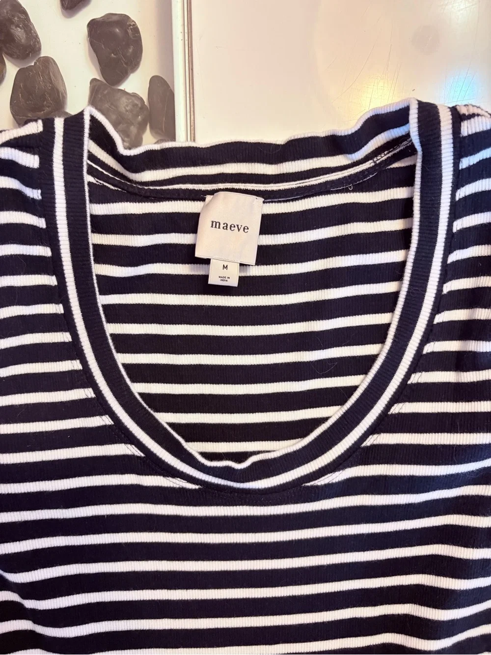 Maeve Striped Bodice Puff-Sleeve Midi Dress in White and Black - Picture 9 of 15